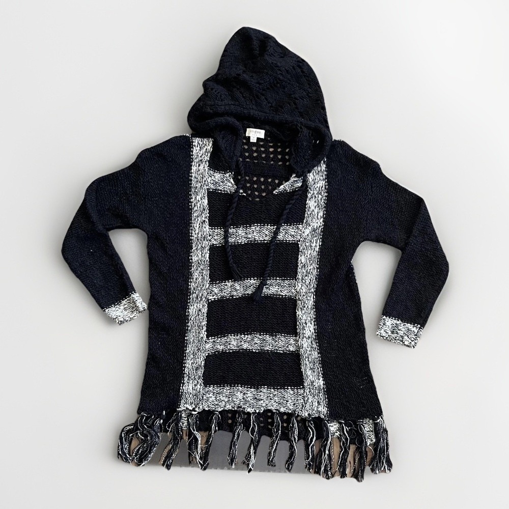 Black Umgee Hooded Sheer Crochet Fringe Tunic Boho grunge gothic‎